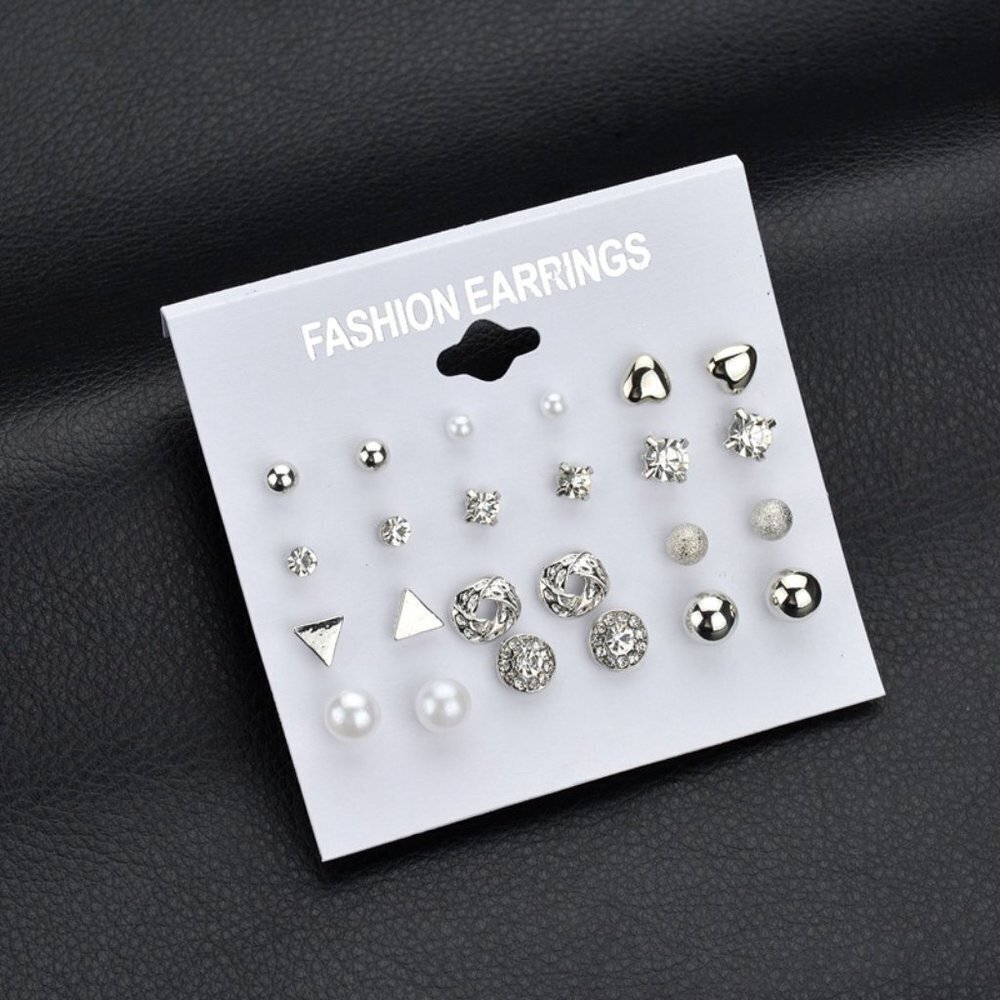 🔥12 Pair 925 Silver Geometric Crystal Stud Earring Set Mix for Women, F274